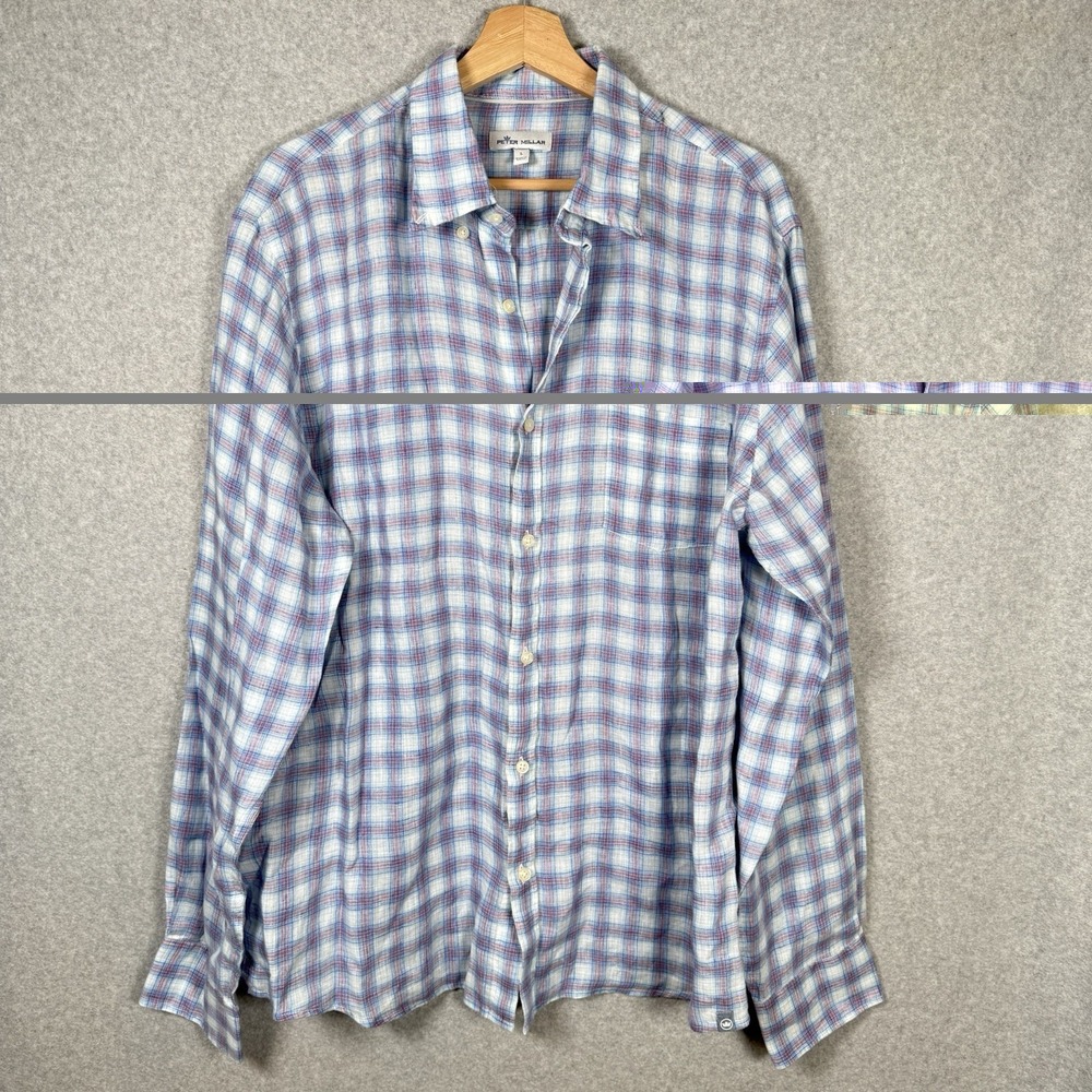 Peter Millar Linen Button Down Mens Large Blue Shirt